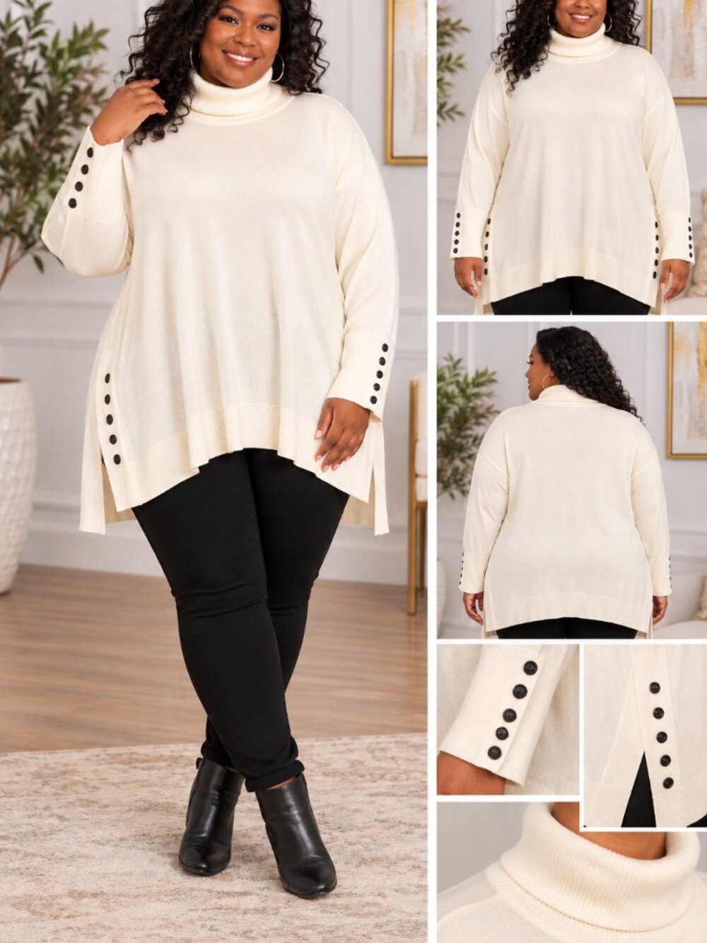 DG2 by Diane Gilman 2X Ivory Turtleneck Tunic Sweater Button Cuffs